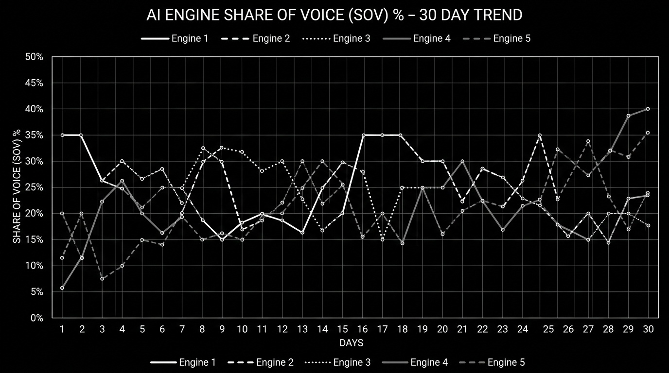 AI engine Share of Voice trend over 30 days across 5 engines